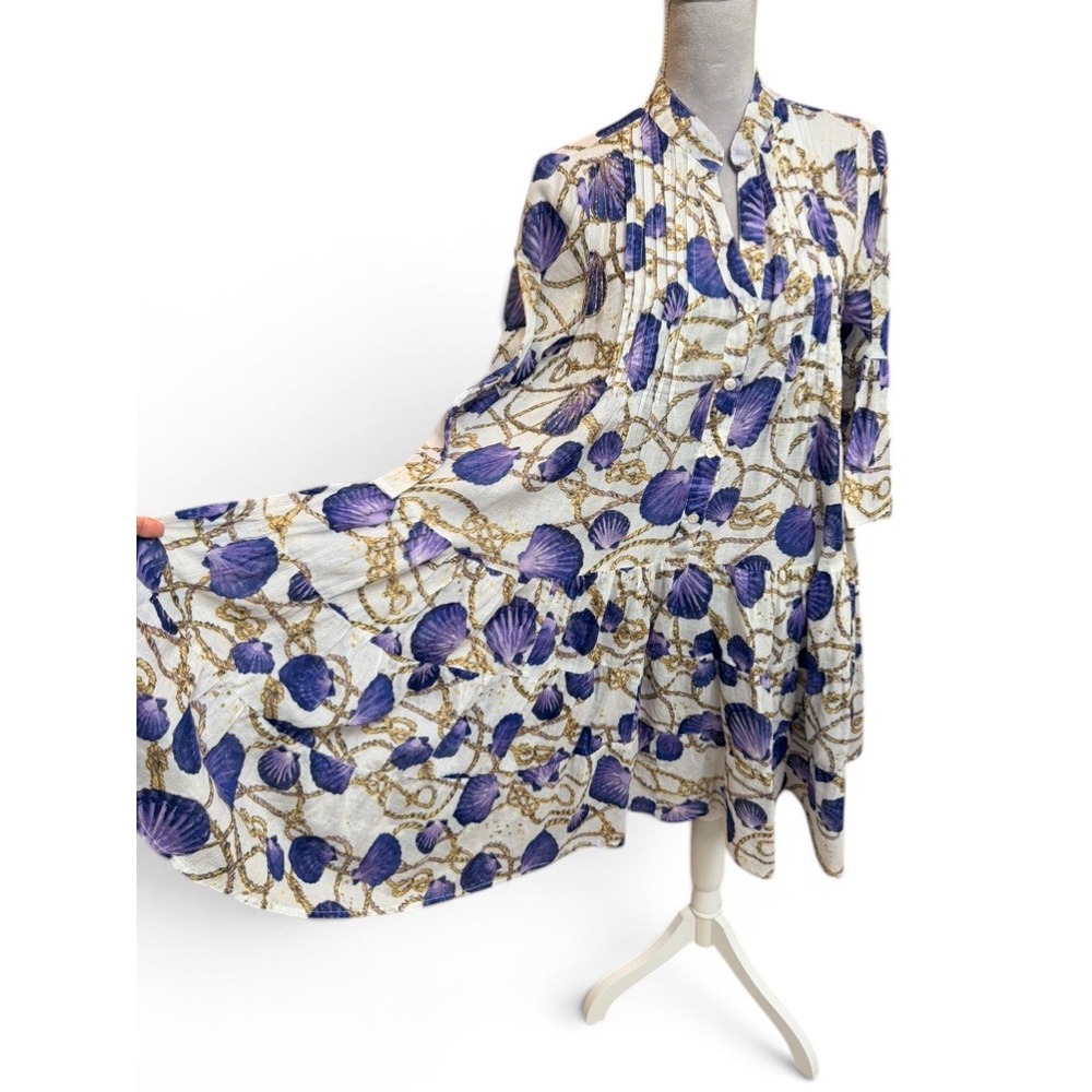 Ayfëe Florence Cotton Gauze Seashell Rope Print Tiered Bell Sleeve Dress M - Picture 7 of 11